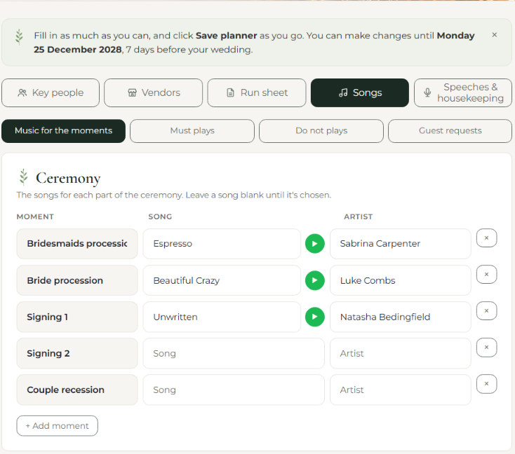 The music page of the planning portal, with songs chosen for the bridesmaids' procession, bride's procession and signing
