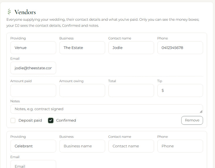 The vendor list in the planning portal, with a sample venue's contact details and payment boxes